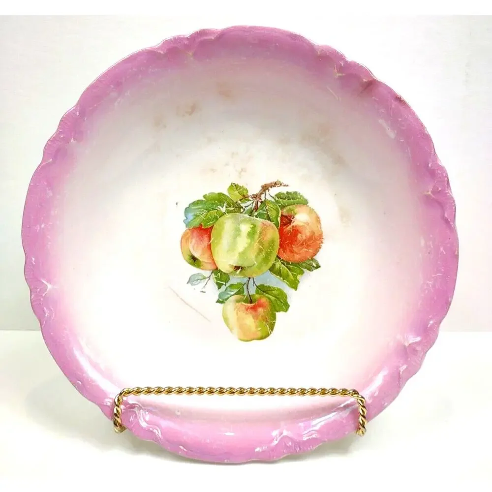 Antique Scalloped Edge Deep German Serving Bowl with Apples Pears 9.5